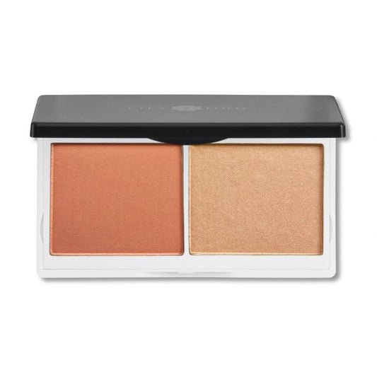 Lily Lolo Coralista Cheek Duo: Matte Coral Blusher, light reflecting Highlighter. Vegan. Gluten Free. GMO Free. Cruelty Free.