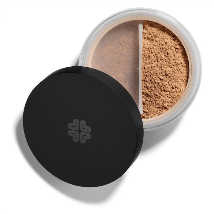 Lily Lolo Coffee Bean Mineral Foundation: Vegan. Gluten Free. GMO Free. Cruelty Free.  A tan foundation shade with warm undertones.